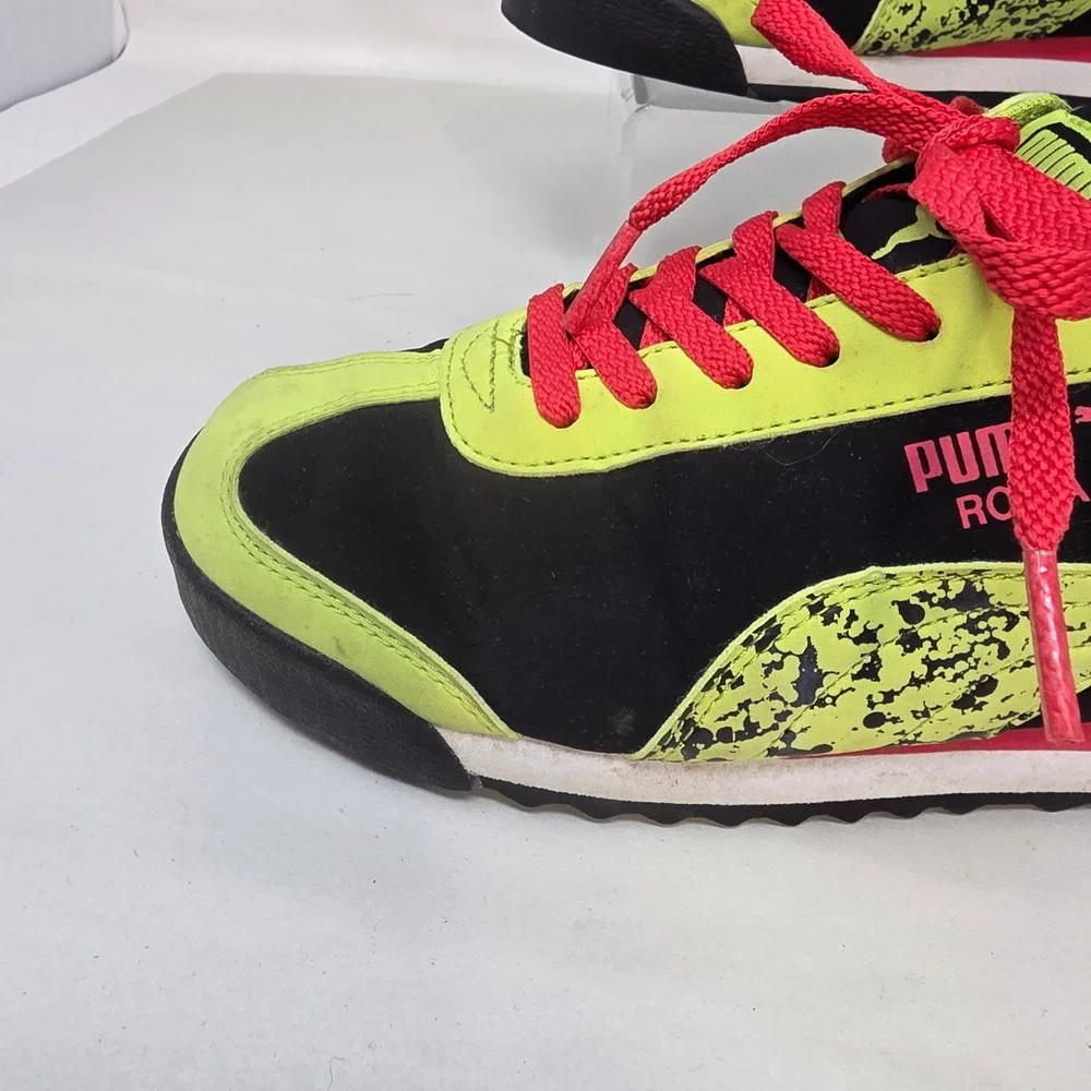 Puma Roma Sneakers Women 5 Black Lime Green Pink Splatter Low Top 359172 01 Good